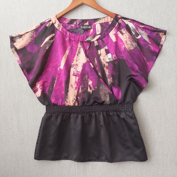 Rampage Satin Faux Wrap Top S Purple Black Boho Y2K Flutter Sleeve Smocked Waist - Picture 4 of 16